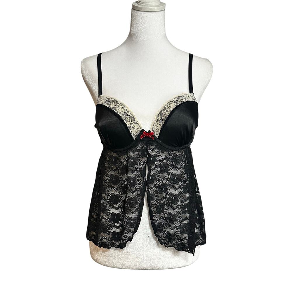 Black lace babydoll top with red bow detail